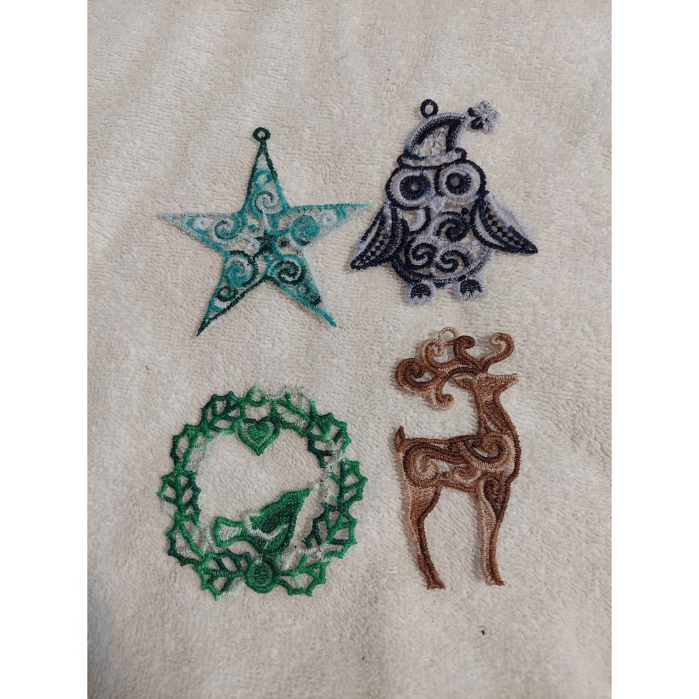 Set of 4 Embroidered Christmas‎ Ornaments Star Owl Wreath Reindeer